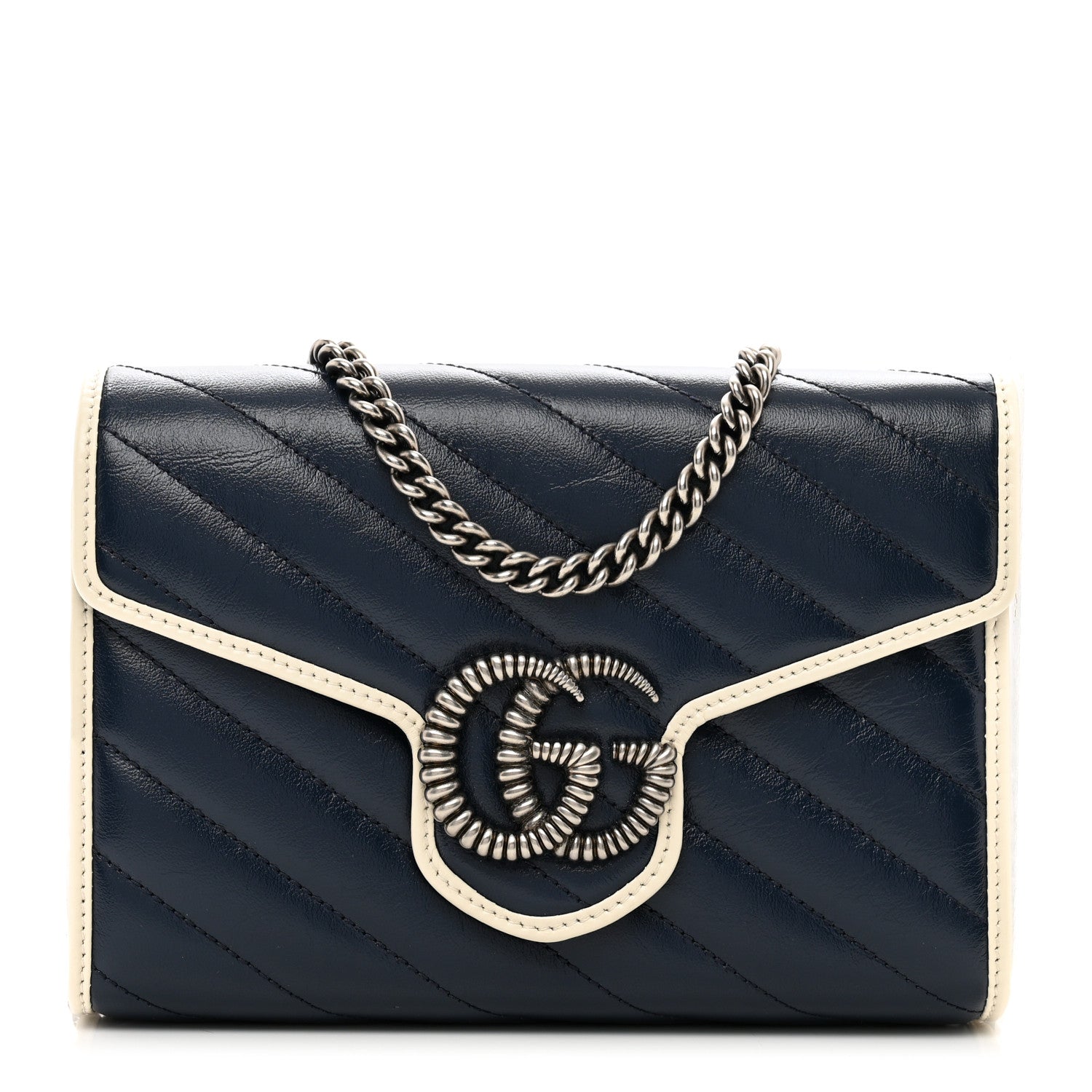 Gucci Vintage Effect Calfskin Matelasse Diagonal Torchon GG Marmont Chain Wallet Blue Agata Mystic White 1 of 11