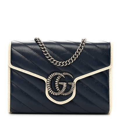Gucci Vintage Effect Calfskin Matelasse Diagonal Torchon GG Marmont Chain Wallet Blue Agata Mystic White 1 of 11