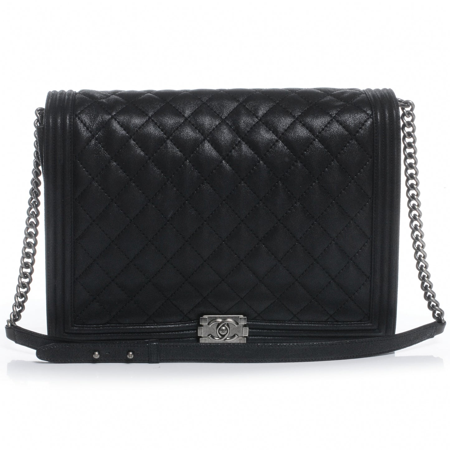 Iridescent Calfskin Quilted Large Gentle Boy Flap Black