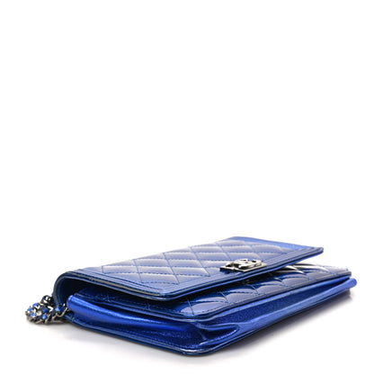 Chanel Metallic Patent Calfskin Quilted Boy Wallet on Chain WOC Blue 4 of 9