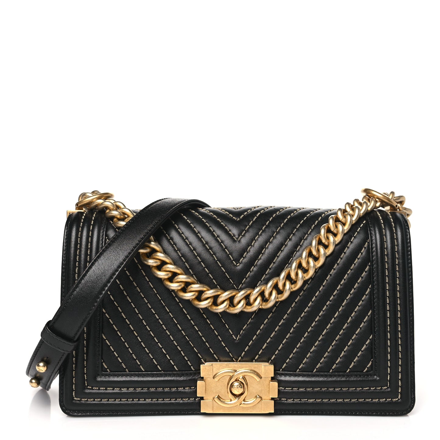 Lambskin Chevron Chain Stitched Medium Boy Flap Black