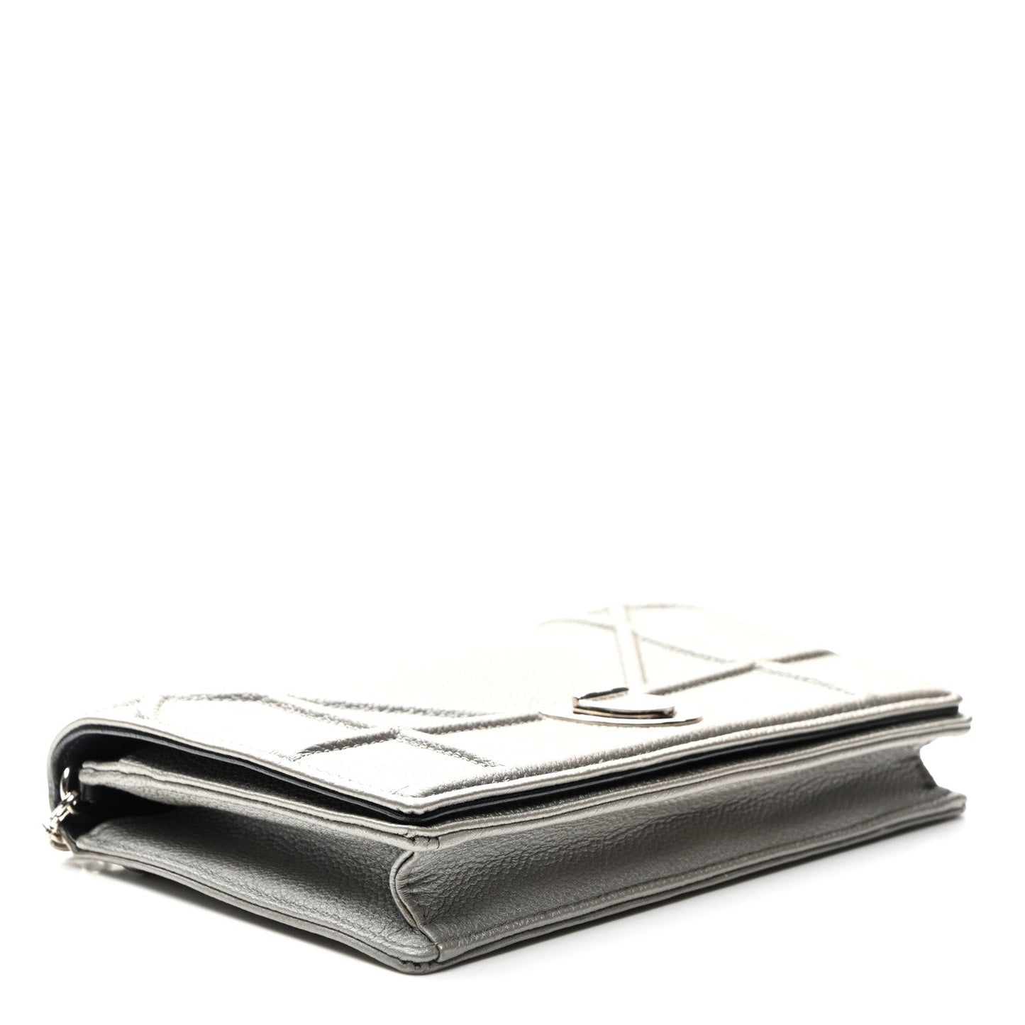 Metallic Grained Calfskin Diorama Wallet on Chain Pouch Silver