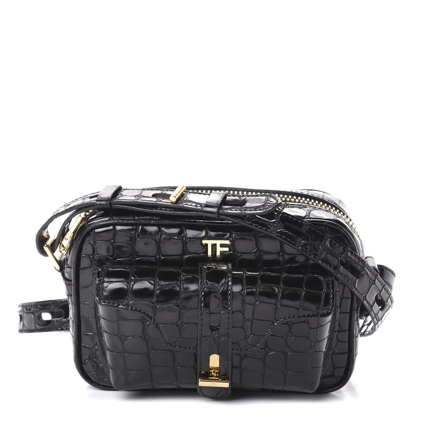 Crocodile Embossed Calfskin T Twist Camera Bag Black