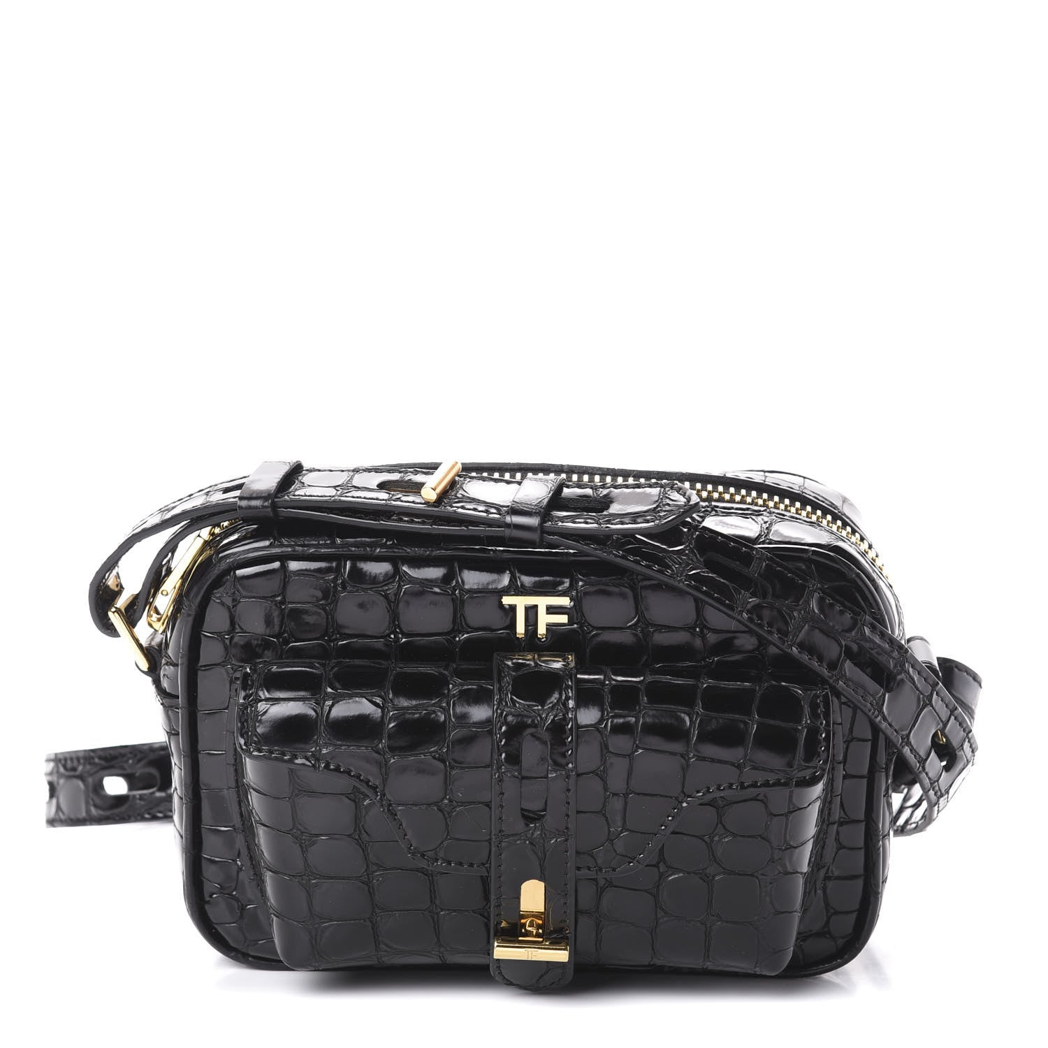 Tom Ford Crocodile Embossed Calfskin T Twist Camera Bag Black 1 of 8