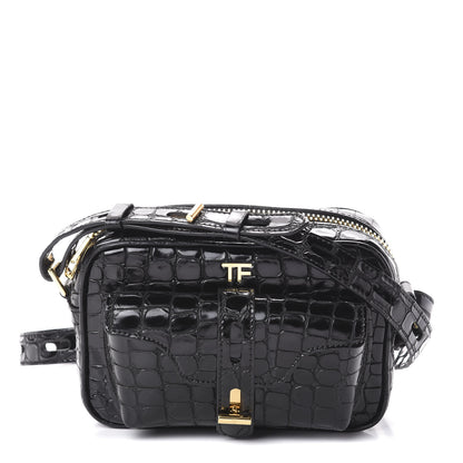 Tom Ford Crocodile Embossed Calfskin T Twist Camera Bag Black 1 of 8