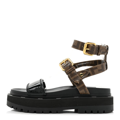 Fendi Vernice High-Tech Glazed Fabric FF Lug Sole Platform Sandals 37.5 Black Tobacco Moro 1 of 7