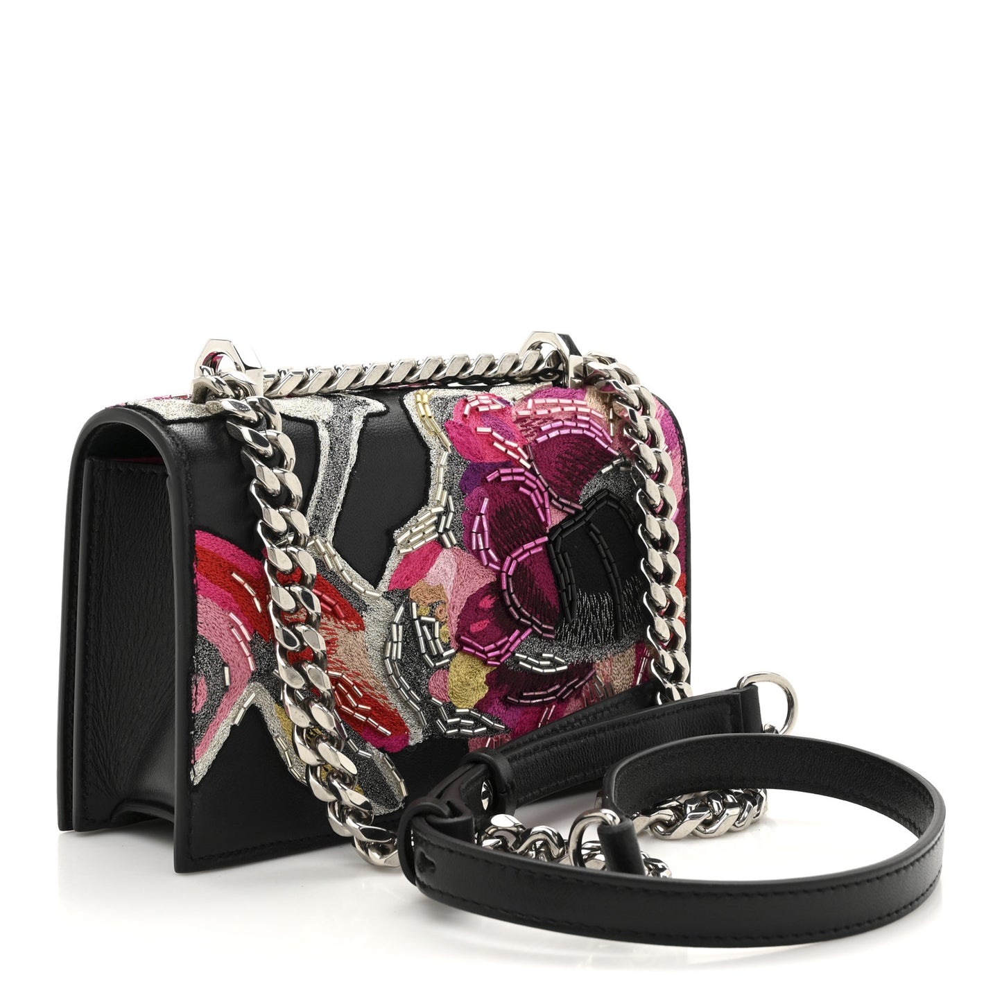 Calfskin Beaded Embroidered Solarised Orchid Mini Jeweled Knuckle Satchel Black Multicolor