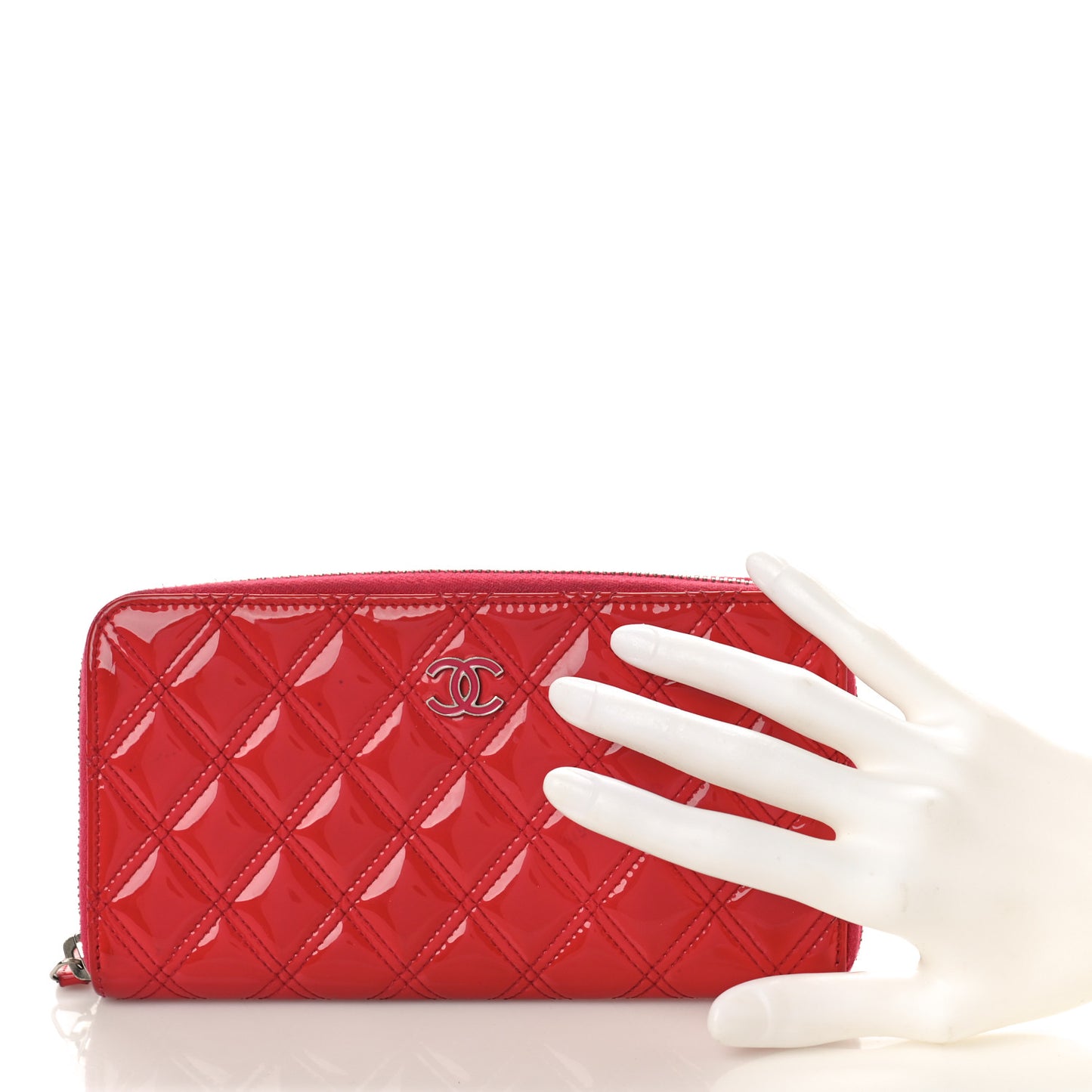 Patent Quilted Double Stitched Zip Around Wallet Pink
