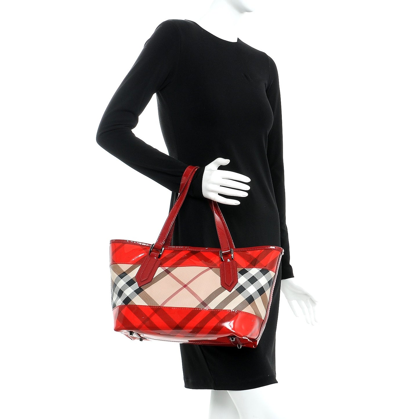 Supernova Check Patent Trim Shopper Tote Bag Red