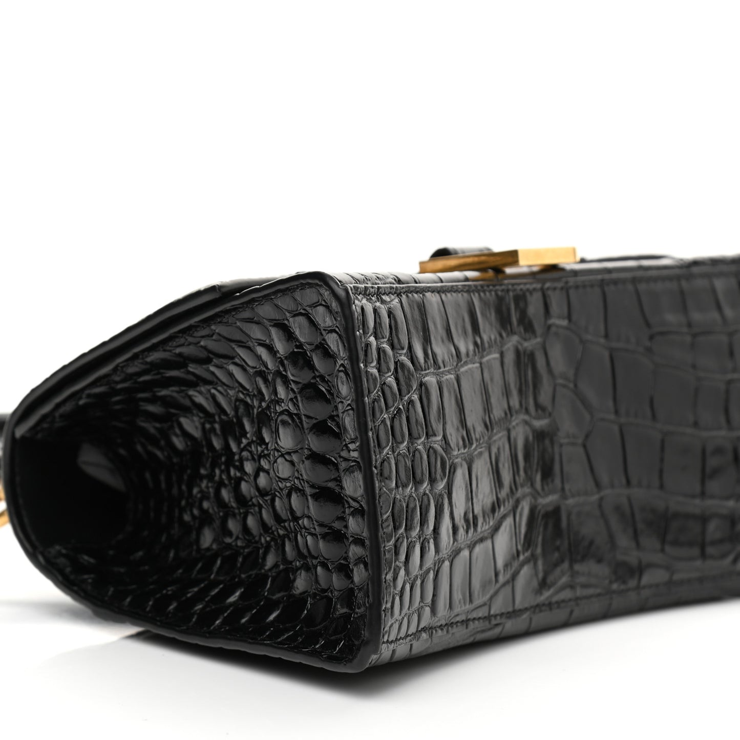 Shiny Calfskin Crocodile Embossed Small Hourglass Top Handle Bag Black