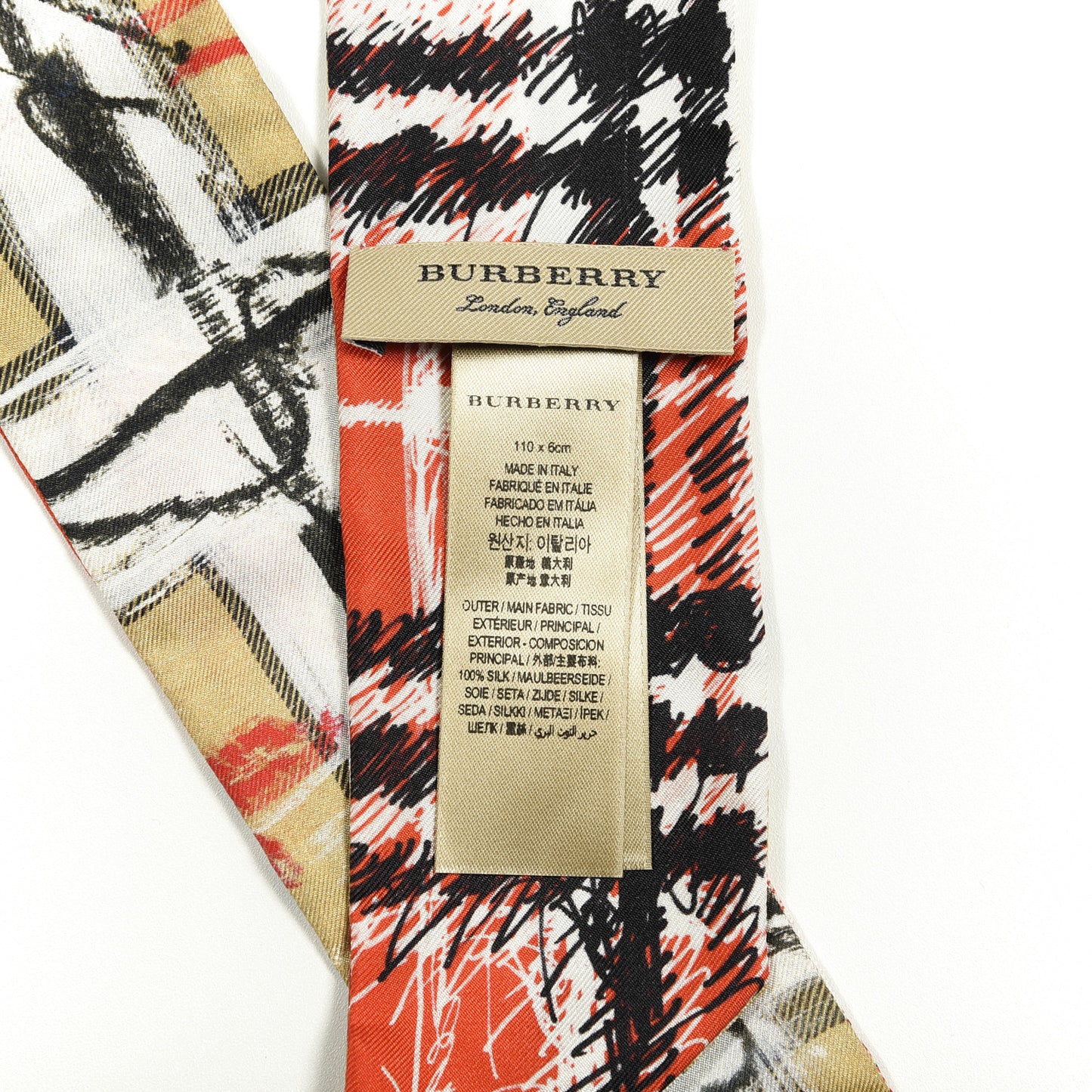 Silk Disruptive Check Scribble Print Skinny Scarf Bright Red