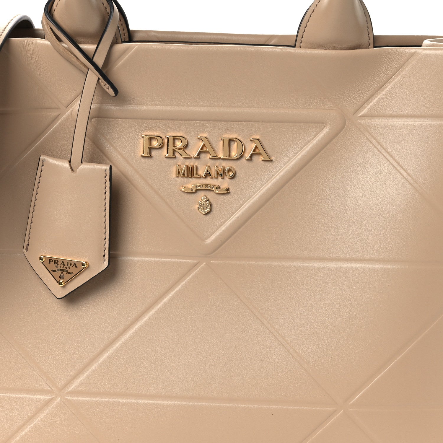 Prada Soft Calfskin Triangolo Symbole Embossed Small Tote Sabbia 8 of 10