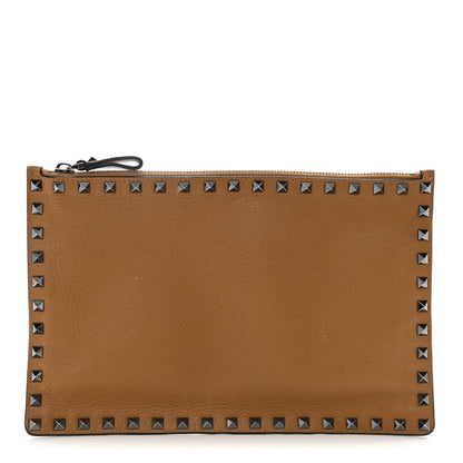 Valentino Garavani Pebbled Calfskin Large Rockstud Zip Pouch Camel 1 of 6