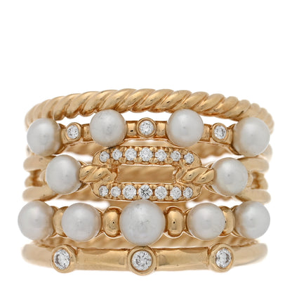 David Yurman 18K Yellow Gold Diamond Pearl 16mm Petite Perle Multi-Row Ring 52 6 1 of 4
