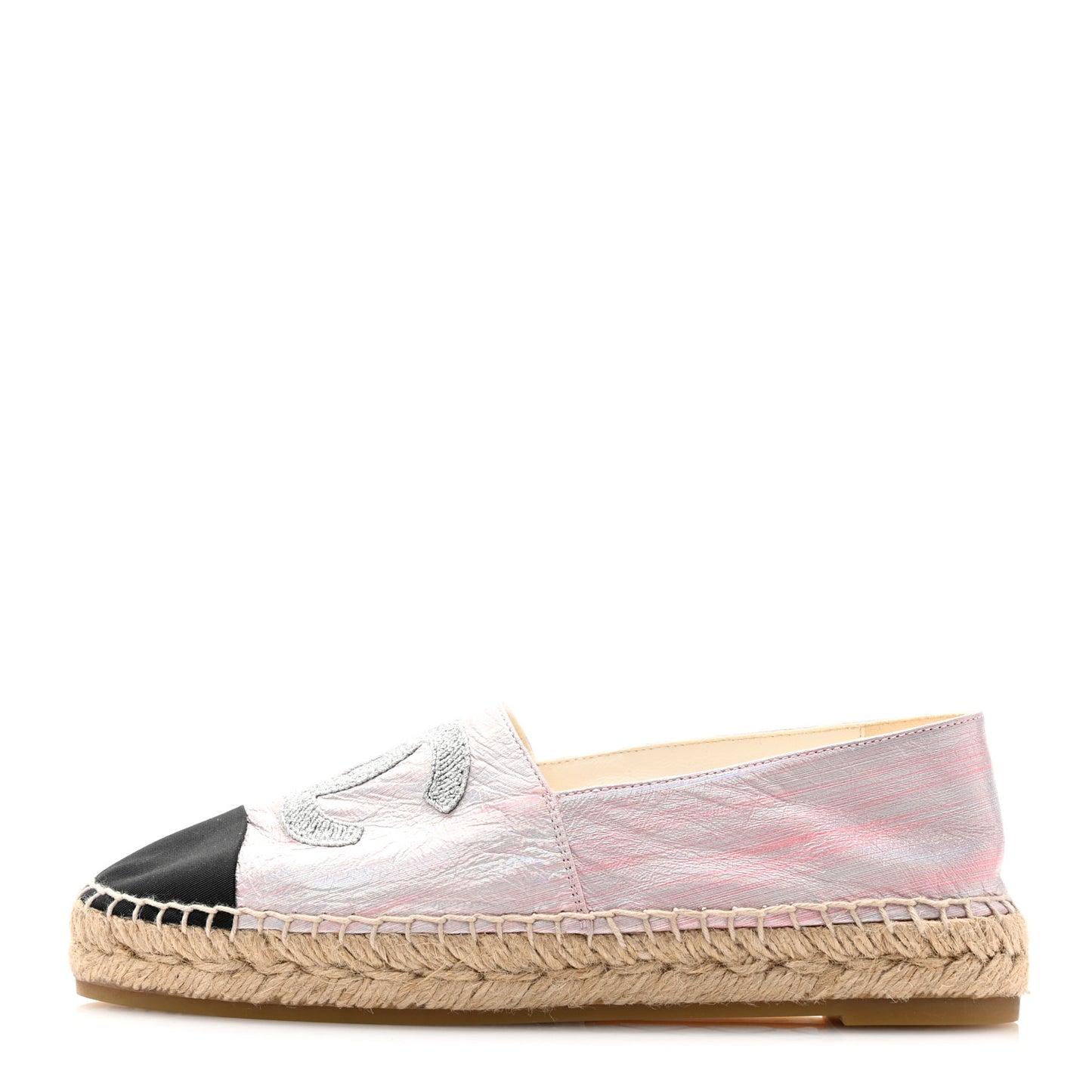Laminated Lambskin Grosgrain Embroidered CC Espadrilles 39 Pink Silver Black