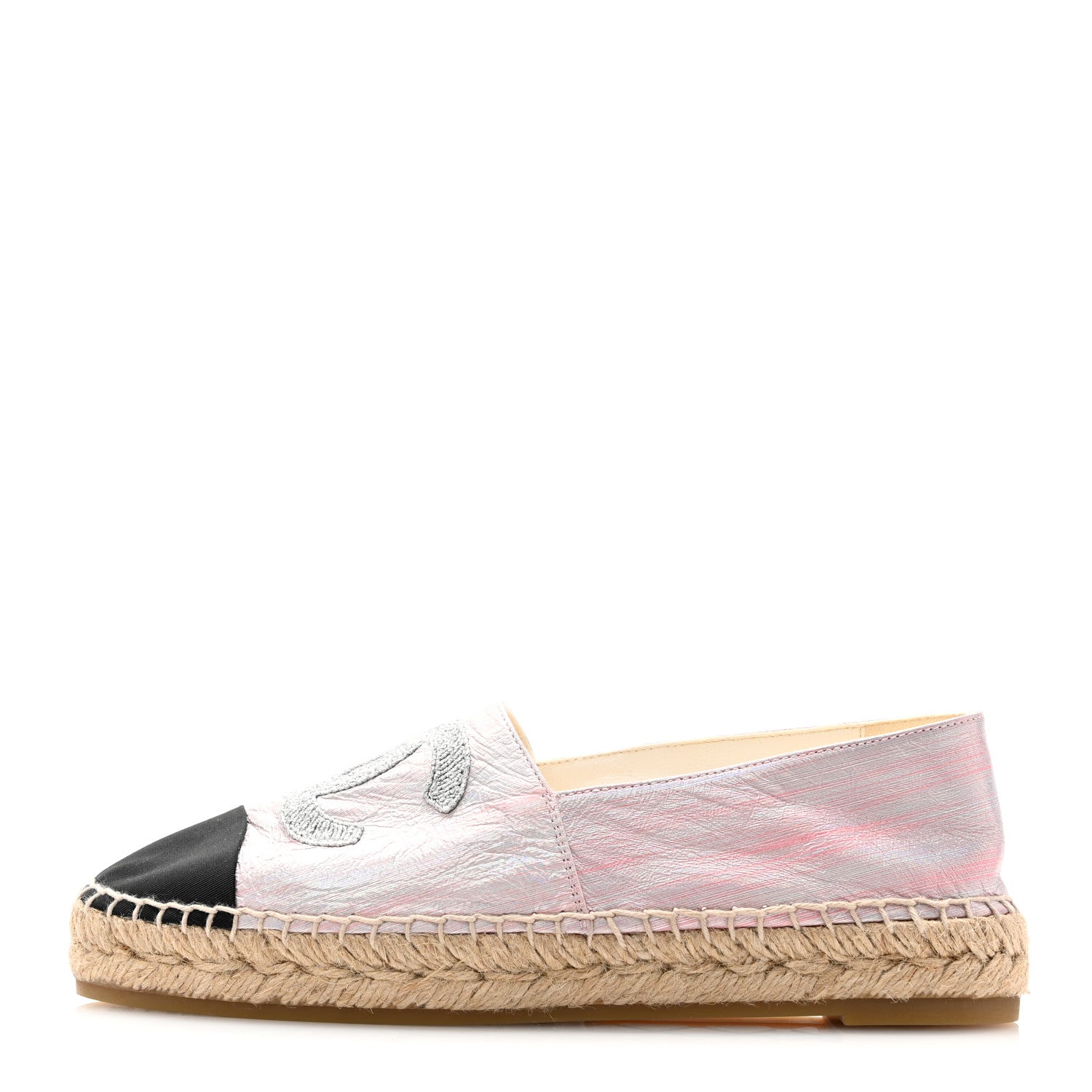 Chanel Laminated Lambskin Grosgrain Embroidered CC Espadrilles 39 Pink Silver Black 1 of 8