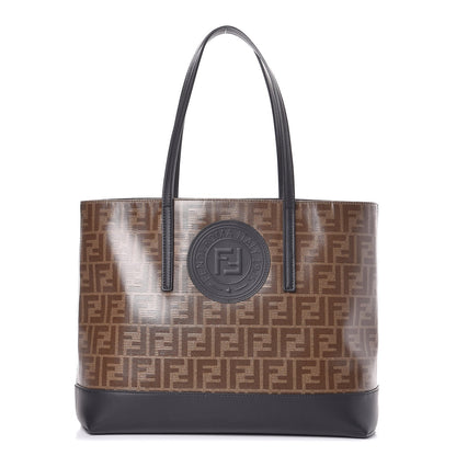 Fendi Glazed Fabric Vitello Century FF 1974 Stamp Patch Shopping Tote Mogano Panna Black 1 of 11