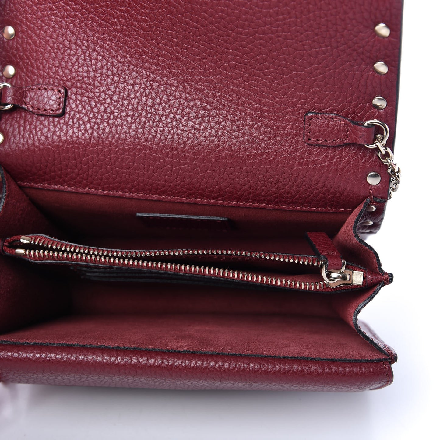 Pebbled Calfskin Rockstud Wallet on Chain Cerise