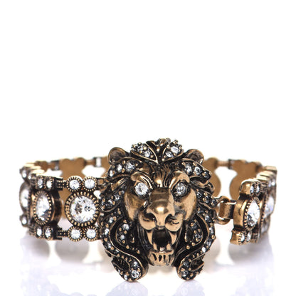 Gucci Metal Crystal Lion Head Bracelet S Aged Gold 1 of 9