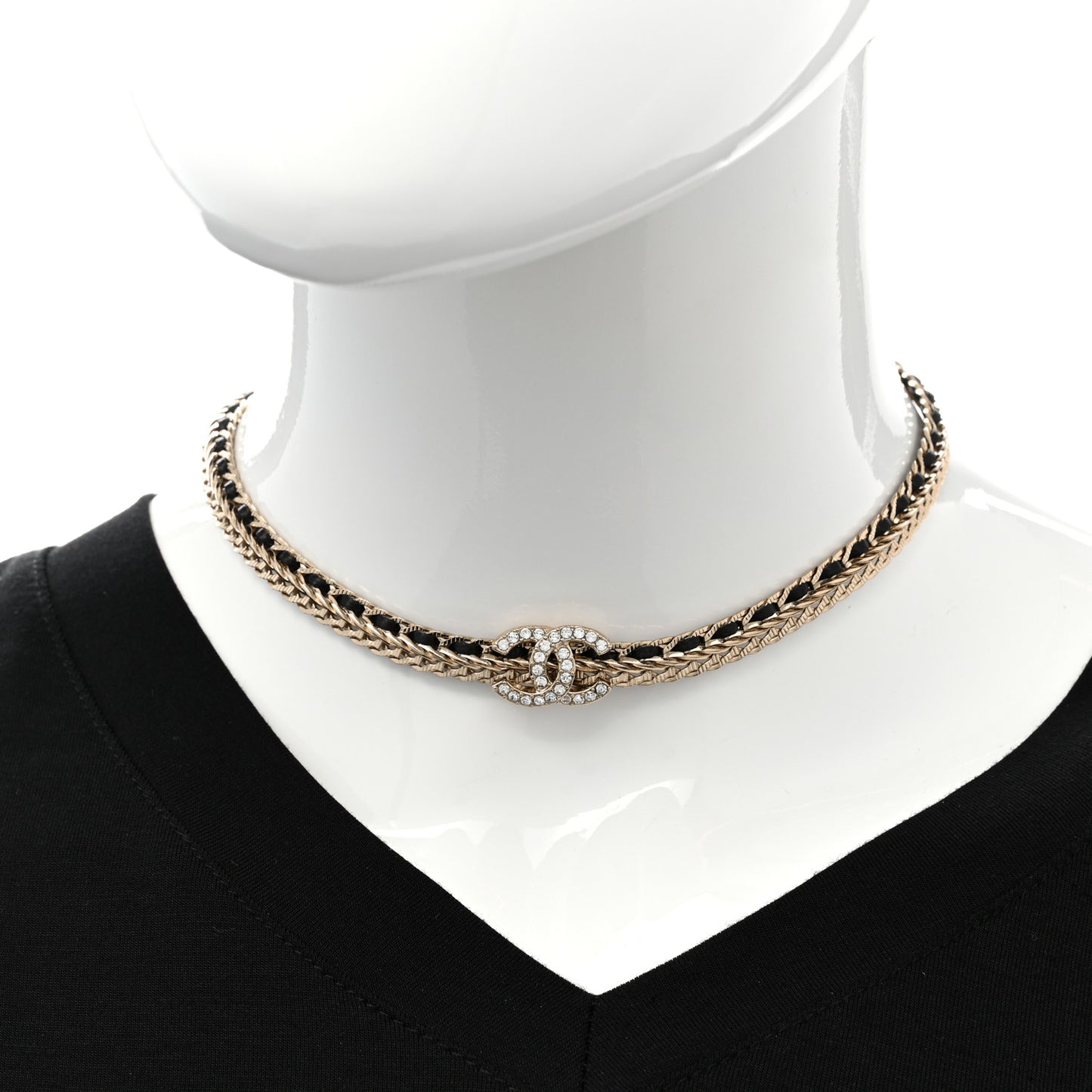 Metal Lambskin Crystal CC Choker Necklace Gold Black