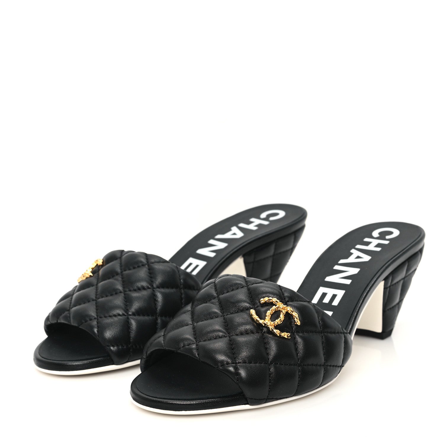 Chanel Lambskin Quilted Textured CC Mules 37 Black 4 of 10
