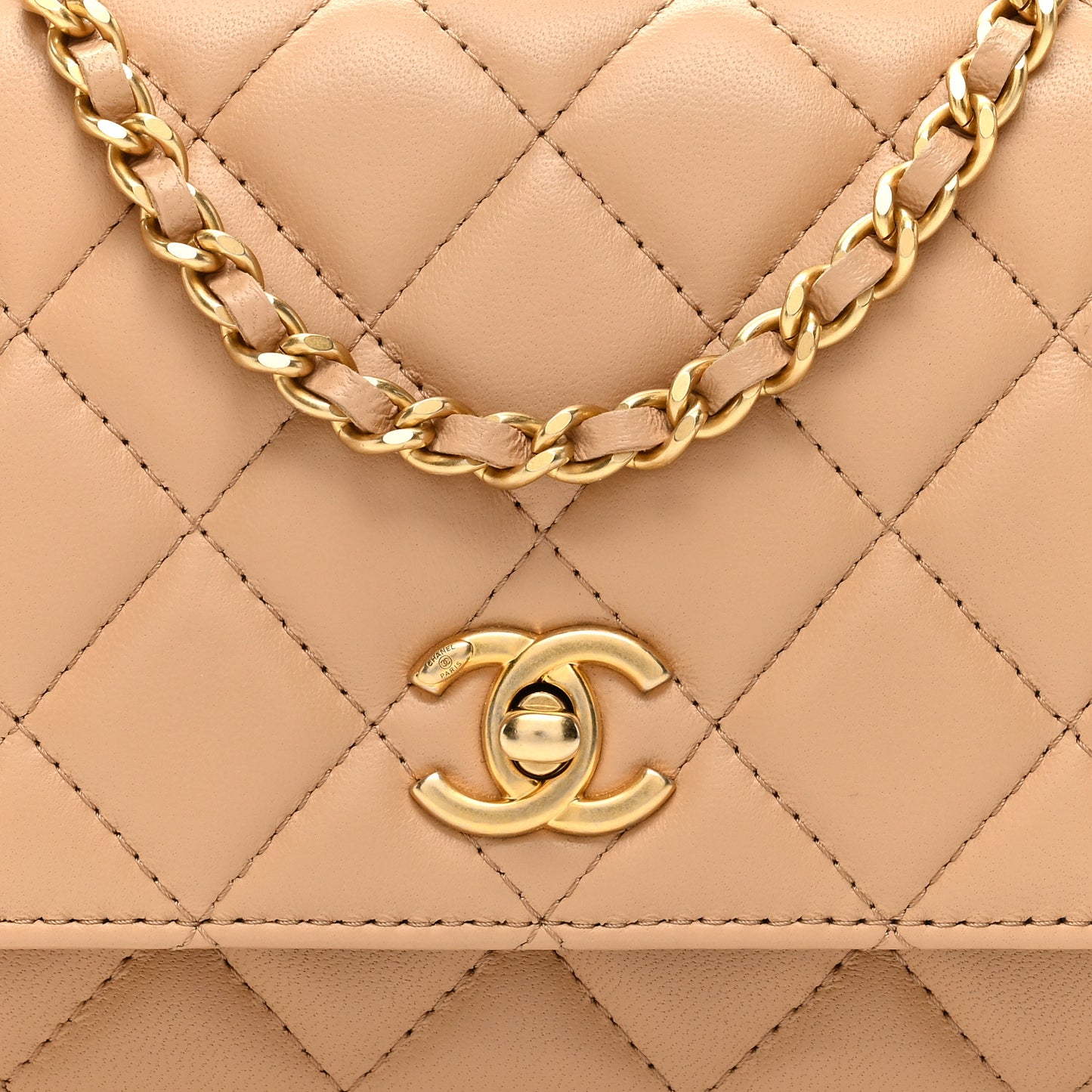 Lambskin Quilted CC Pearl Crush Wallet on Chain WOC Beige