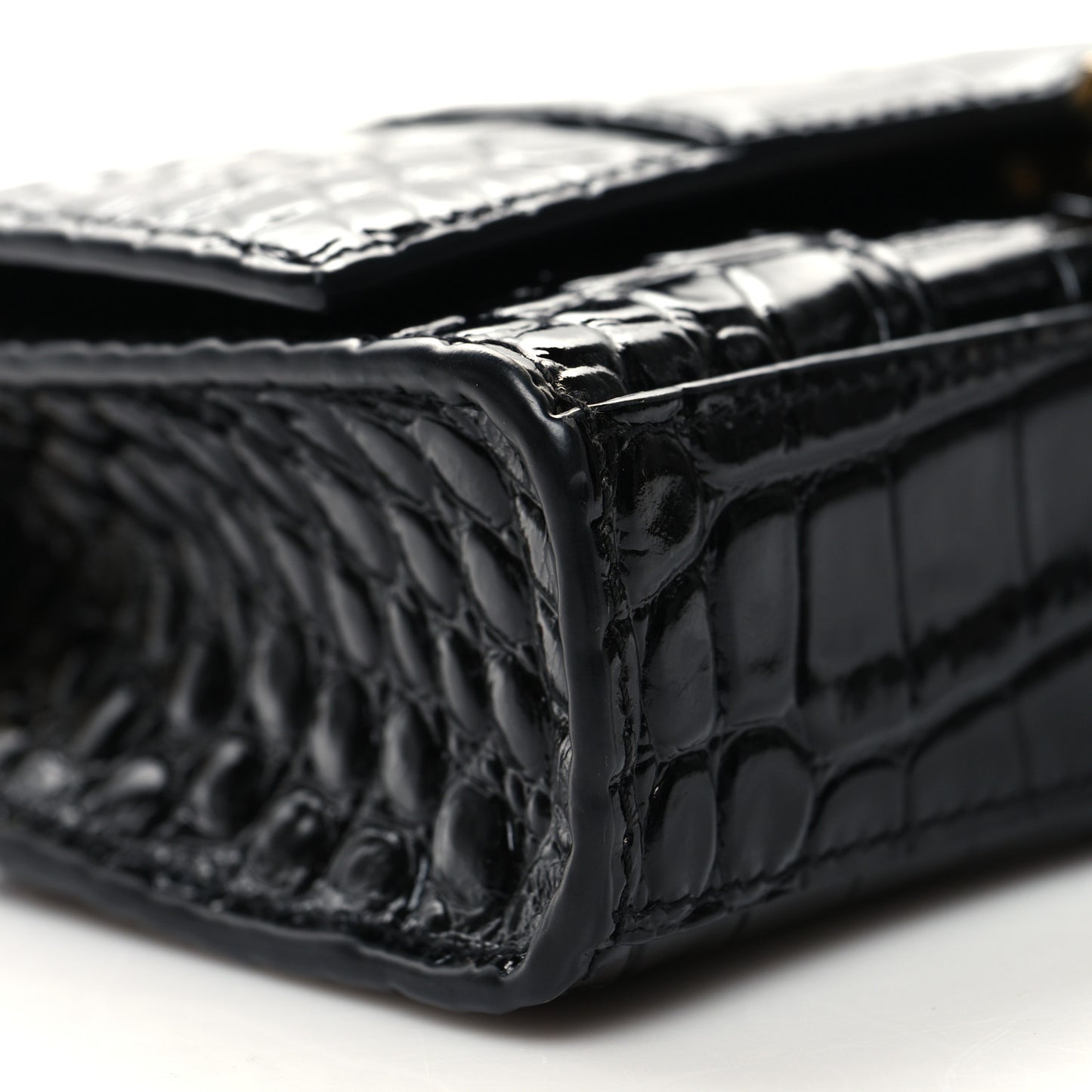 Shiny Calfskin Crocodile Embossed Hourglass Chain Bag Black