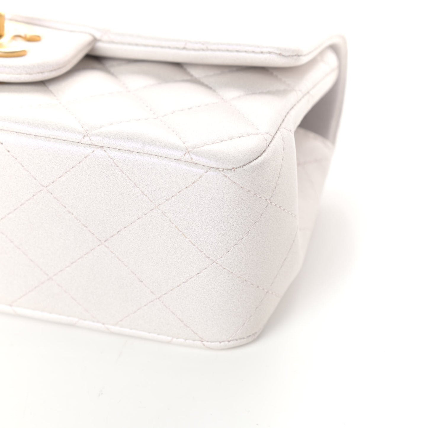 Iridescent Lambskin Quilted Mini Top Handle Rectangular Flap White