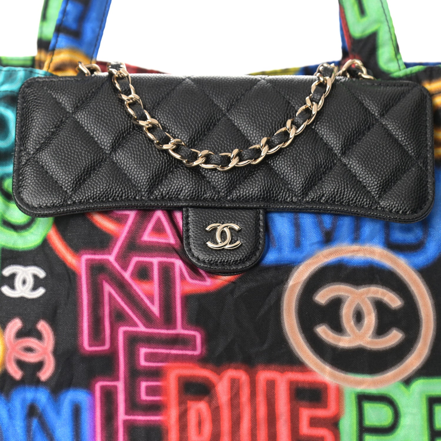 Chanel Caviar Fabric Graffiti Foldable Tote Bag With Chain Black Multicolor 7 of 17