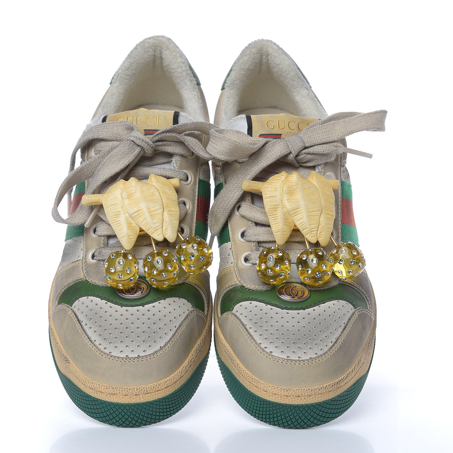 Gucci Nubuck Web Cherries Womens Screener Sneakers 39 Dusty Milk White Vintage Green 5 of 9
