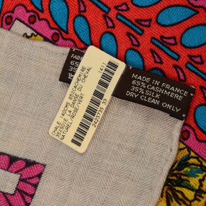 Hermes Cashmere Silk La Danse Du Cheval Shawl 140 Naturel Rose Vert 6 of 6