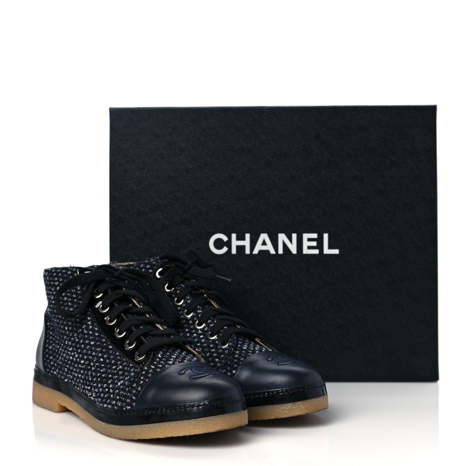 Chanel Tweed Calfskin Patent CC Lace Up Short Boots 36.5 Black Grey Dark Navy 7 of 7