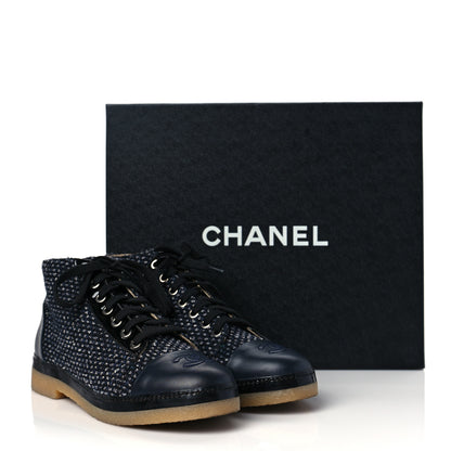 Chanel Tweed Calfskin Patent CC Lace Up Short Boots 36.5 Black Grey Dark Navy 7 of 7