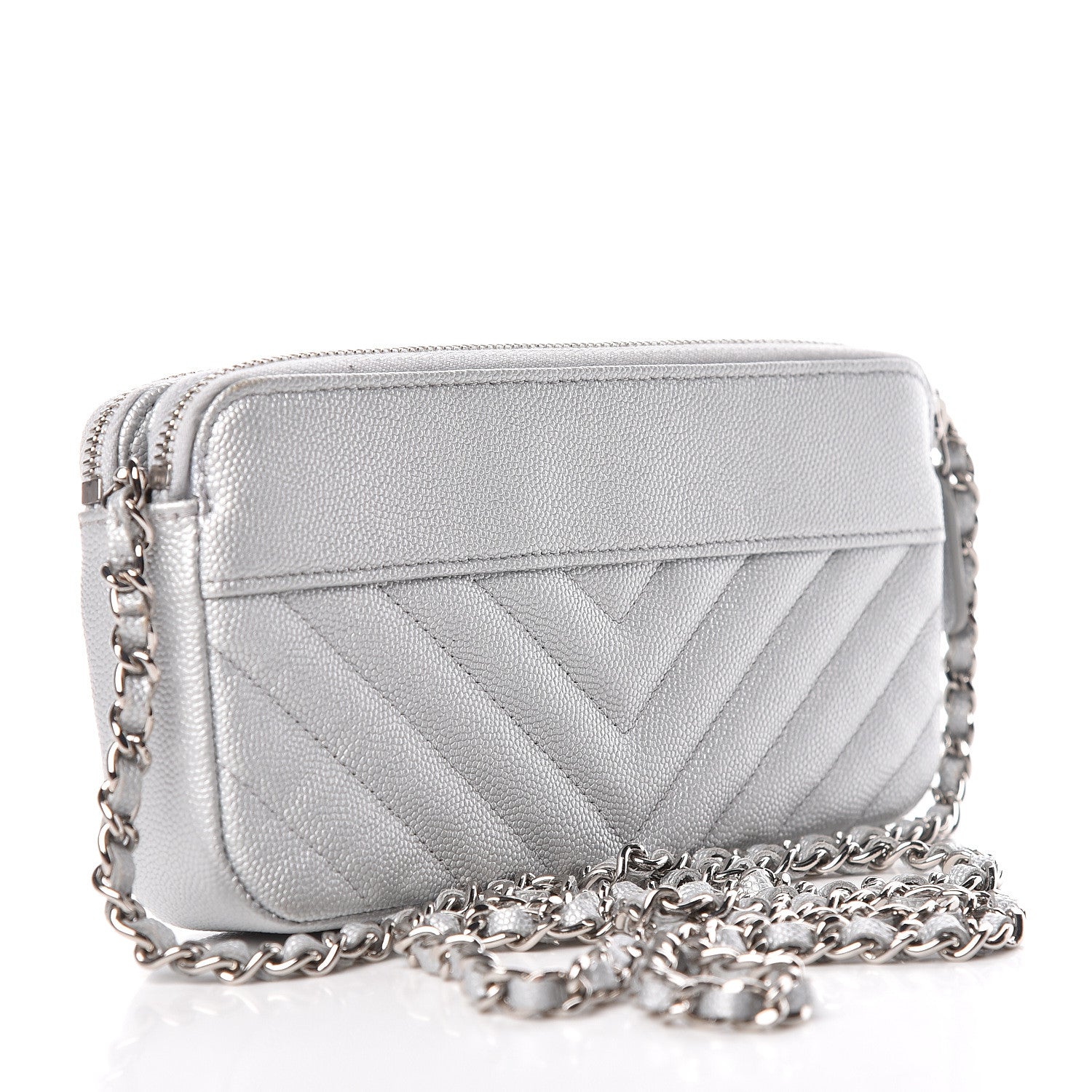 Chanel Metallic Caviar Chevron Quilted Small Vintage Mademoiselle Clutch With Chain Silver 3 of 14