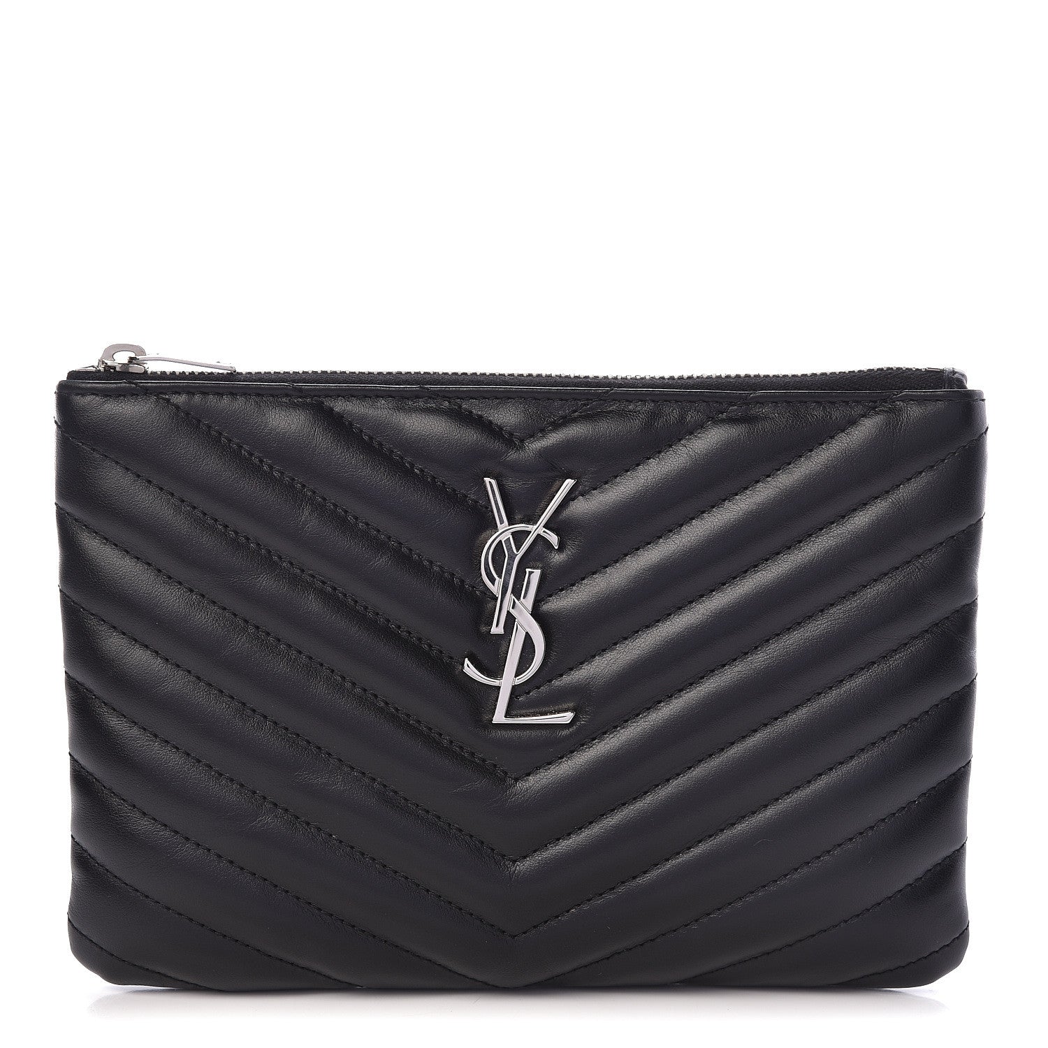 Saint Laurent Calfskin Matelasse Chevron Monogram Pouch Black 1 of 8