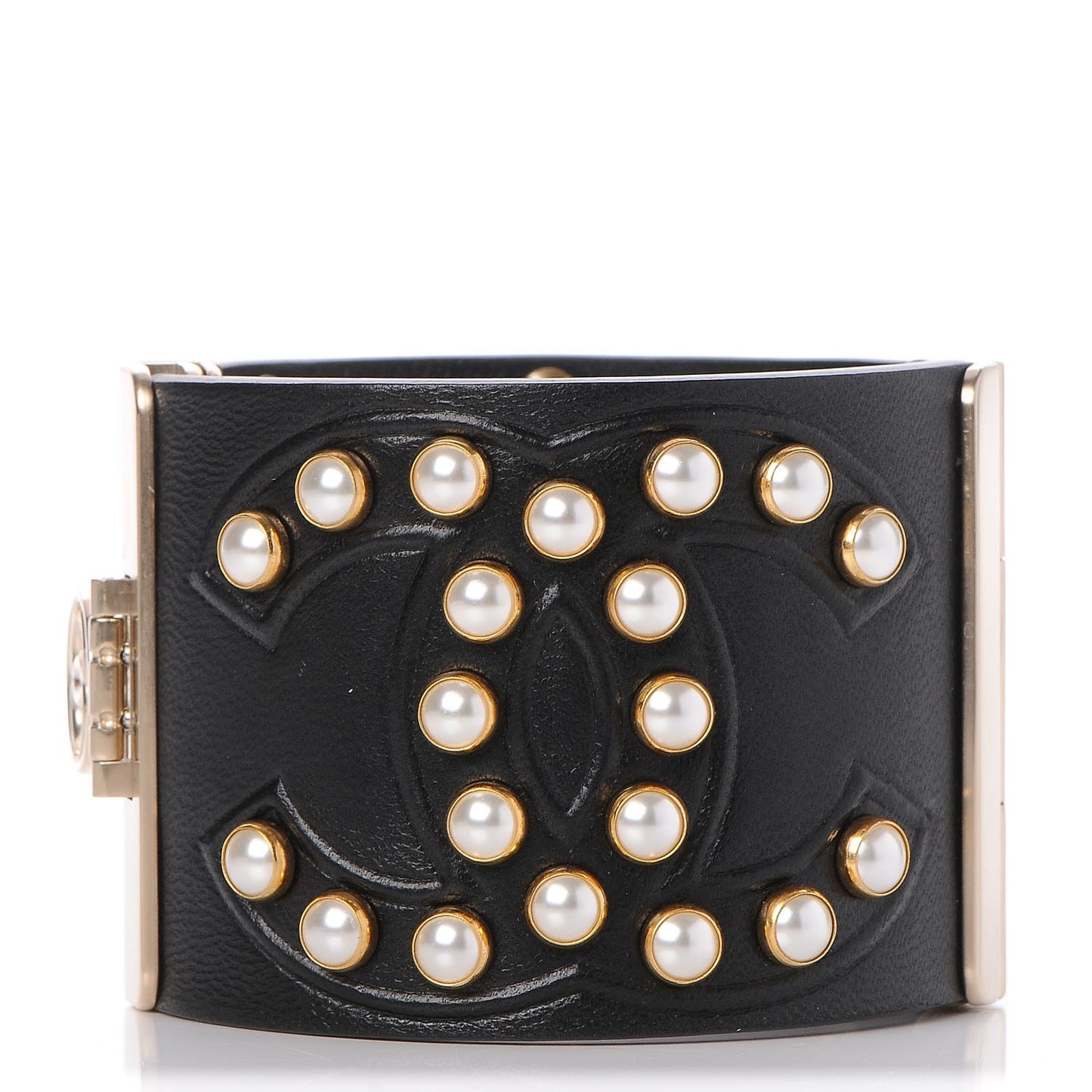 Lambskin Calfskin Pearl CC Cuff Bracelet Black Gold
