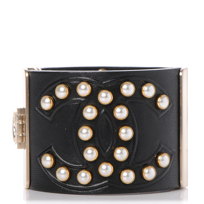 Chanel Lambskin Calfskin Pearl CC Cuff Bracelet Black Gold 1 of 7