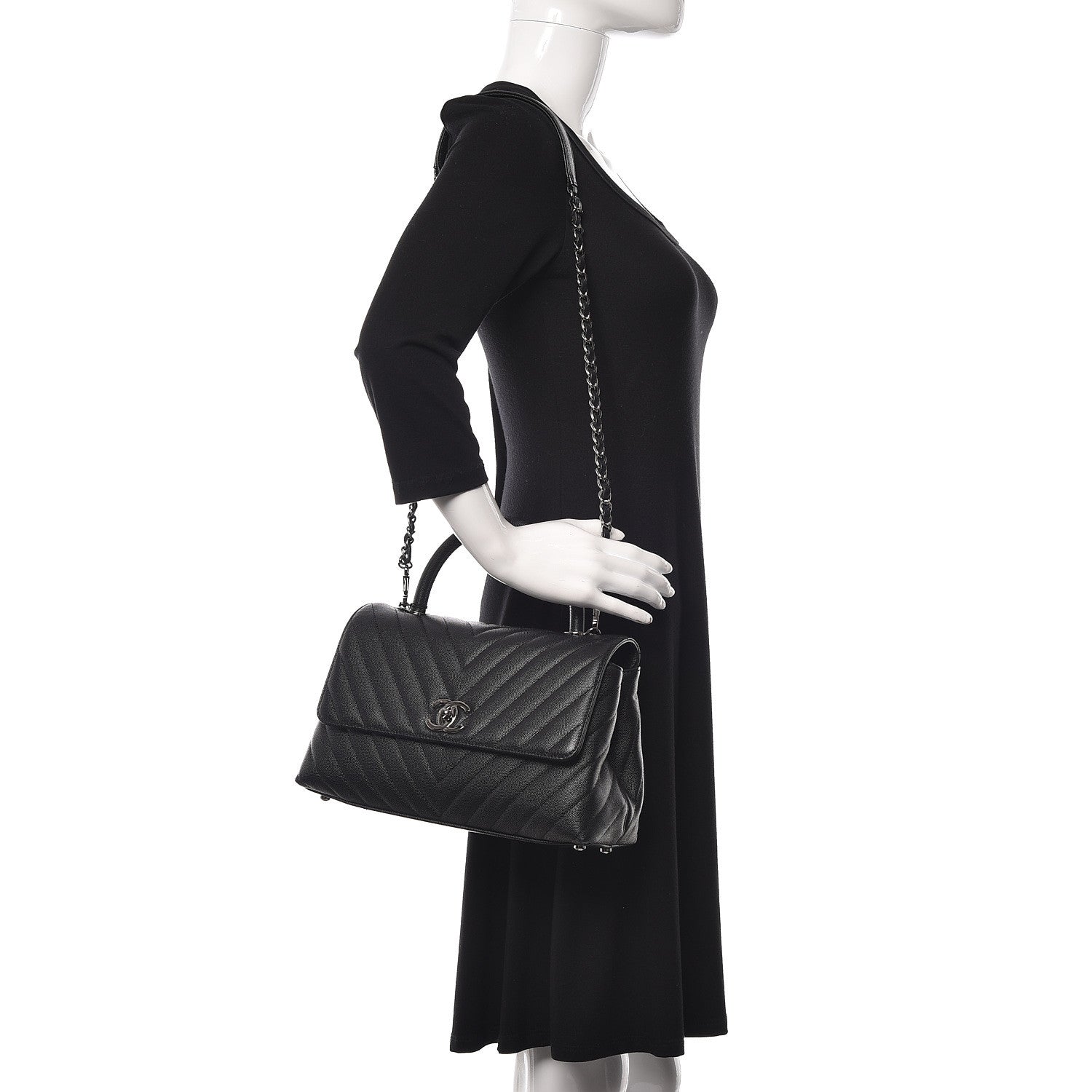 Chanel Caviar Chevron Quilted Small Coco Handle Flap Black 2 of 11