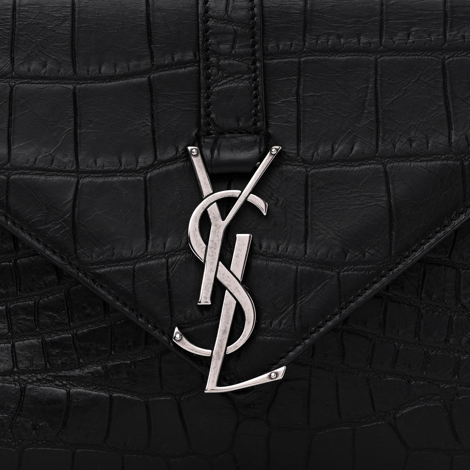 Saint Laurent Calfskin Crocodile Embossed College Monogram Satchel Black 9 of 12