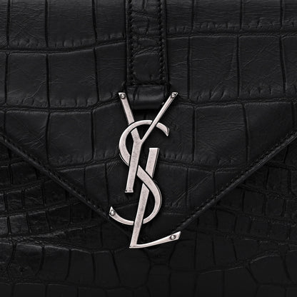 Saint Laurent Calfskin Crocodile Embossed College Monogram Satchel Black 9 of 12