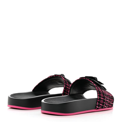 Chanel Tweed Grosgrain Camellia CC Flat Mules 35 Black Pink 4 of 8