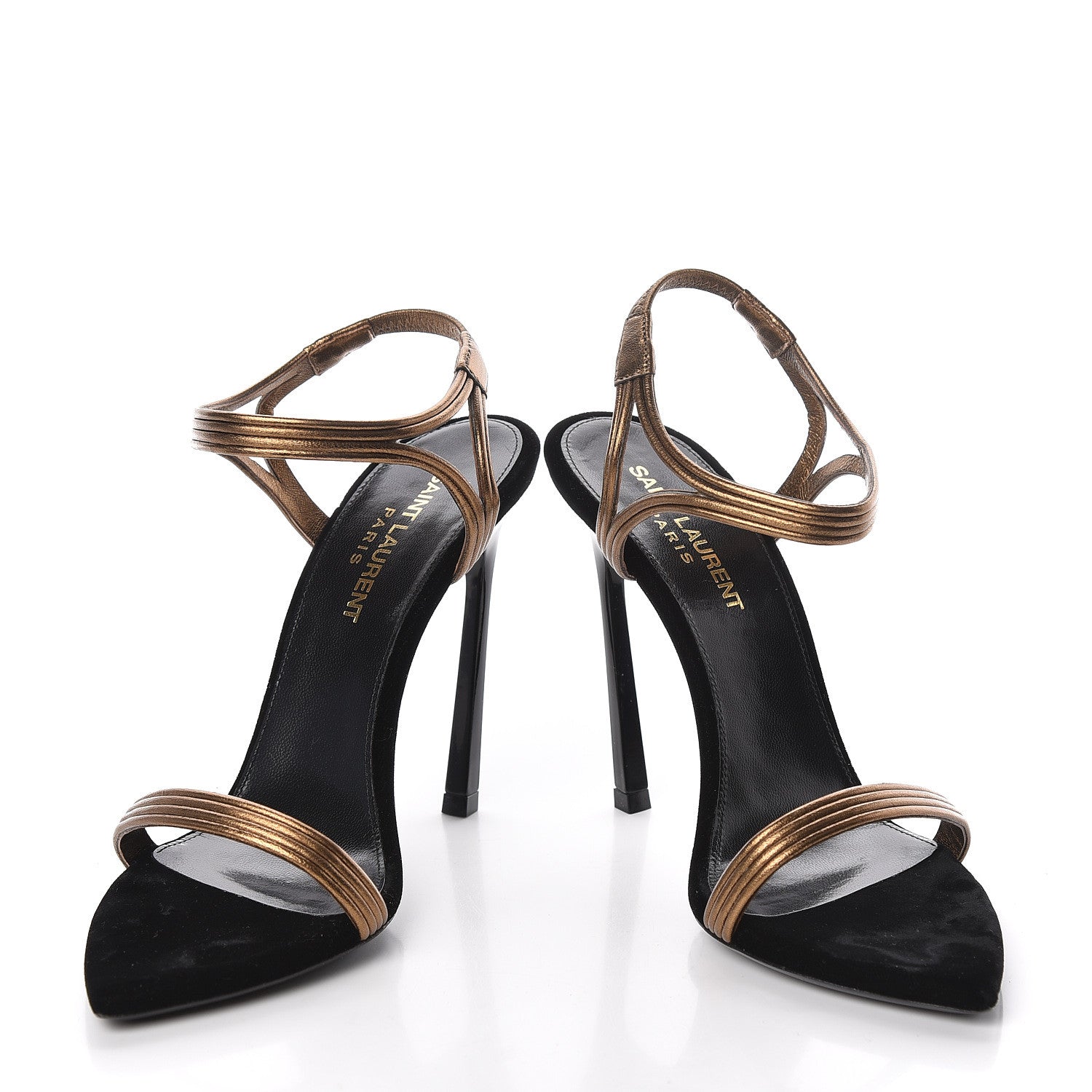 Saint Laurent Metallic Velvet Talitha Ankle Strap Sandals 36 Black Gold 4 of 13