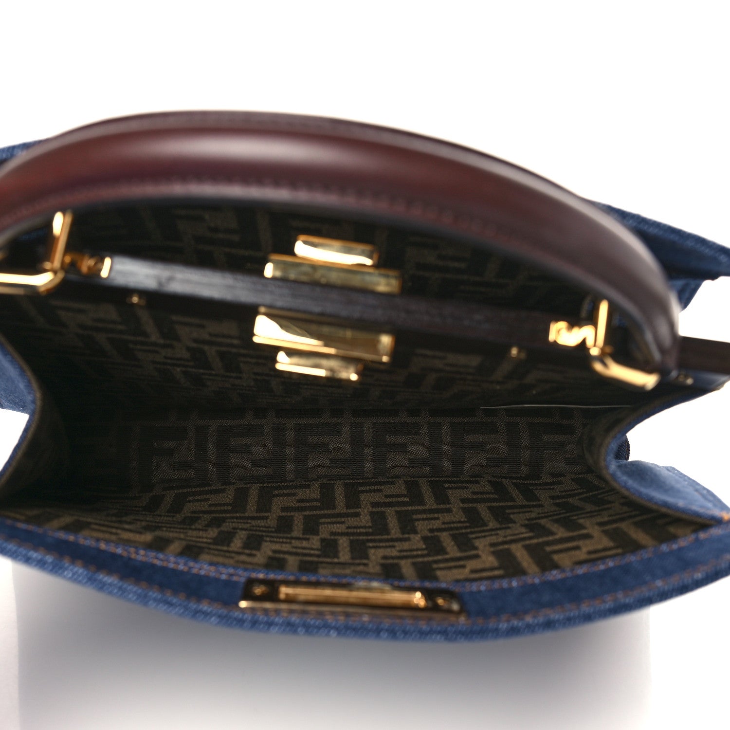 Fendi Denim Fabric Jacquard Cuoio FF 1974 Medium Peekaboo I SEE U Satchel Blue Tobacco Moro 6 of 10