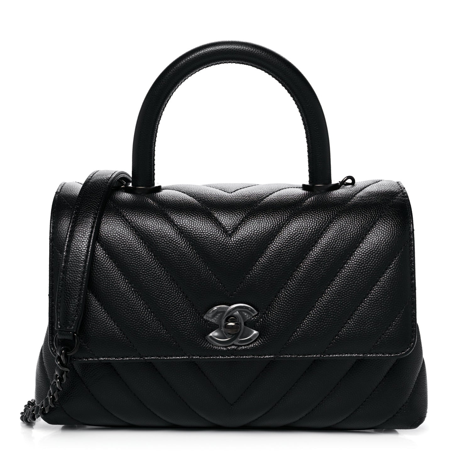 Caviar Chevron Quilted Mini Coco Handle Flap So Black