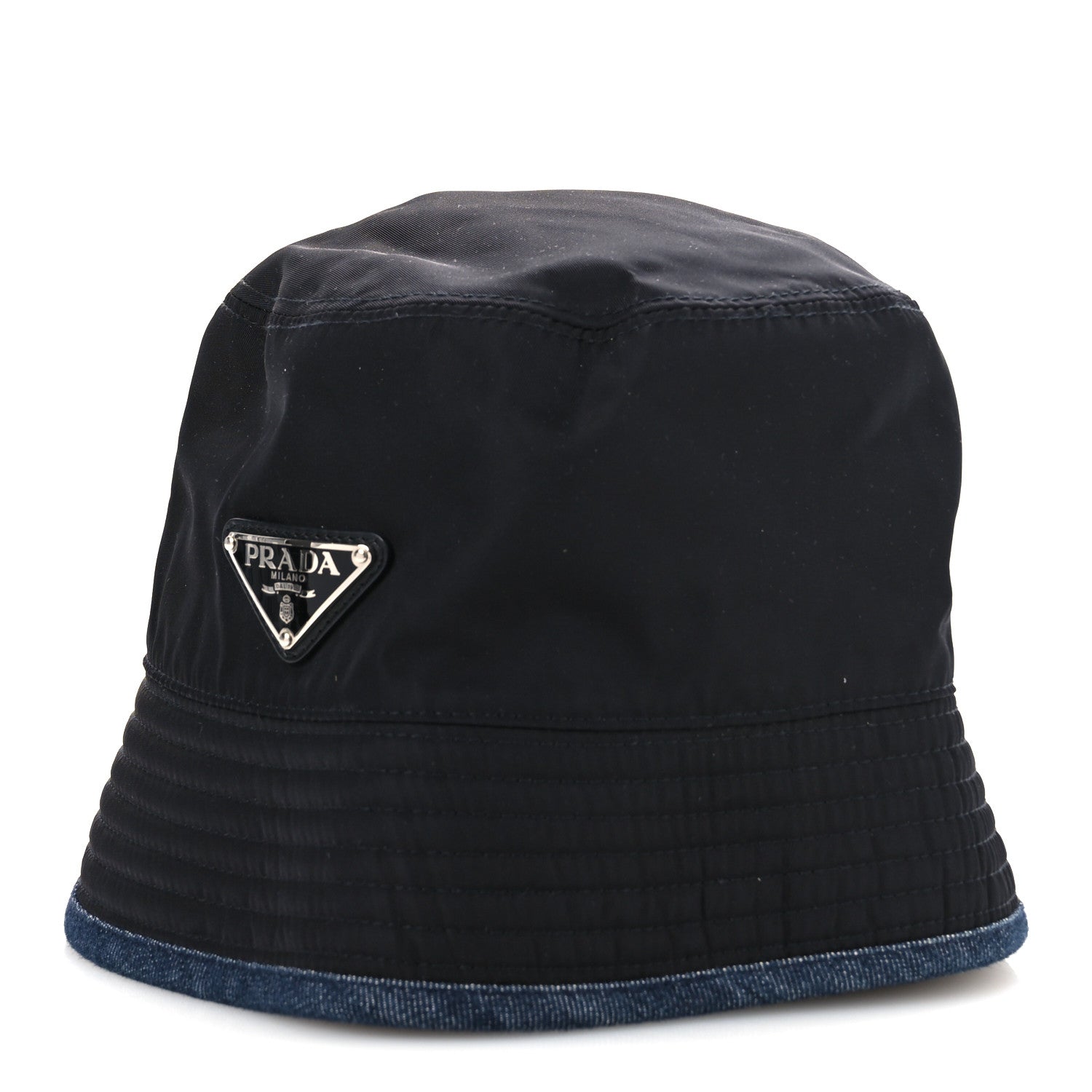 Prada Nylon Denim Metal Triangle Logo Bucket Hat S Black 1 of 9