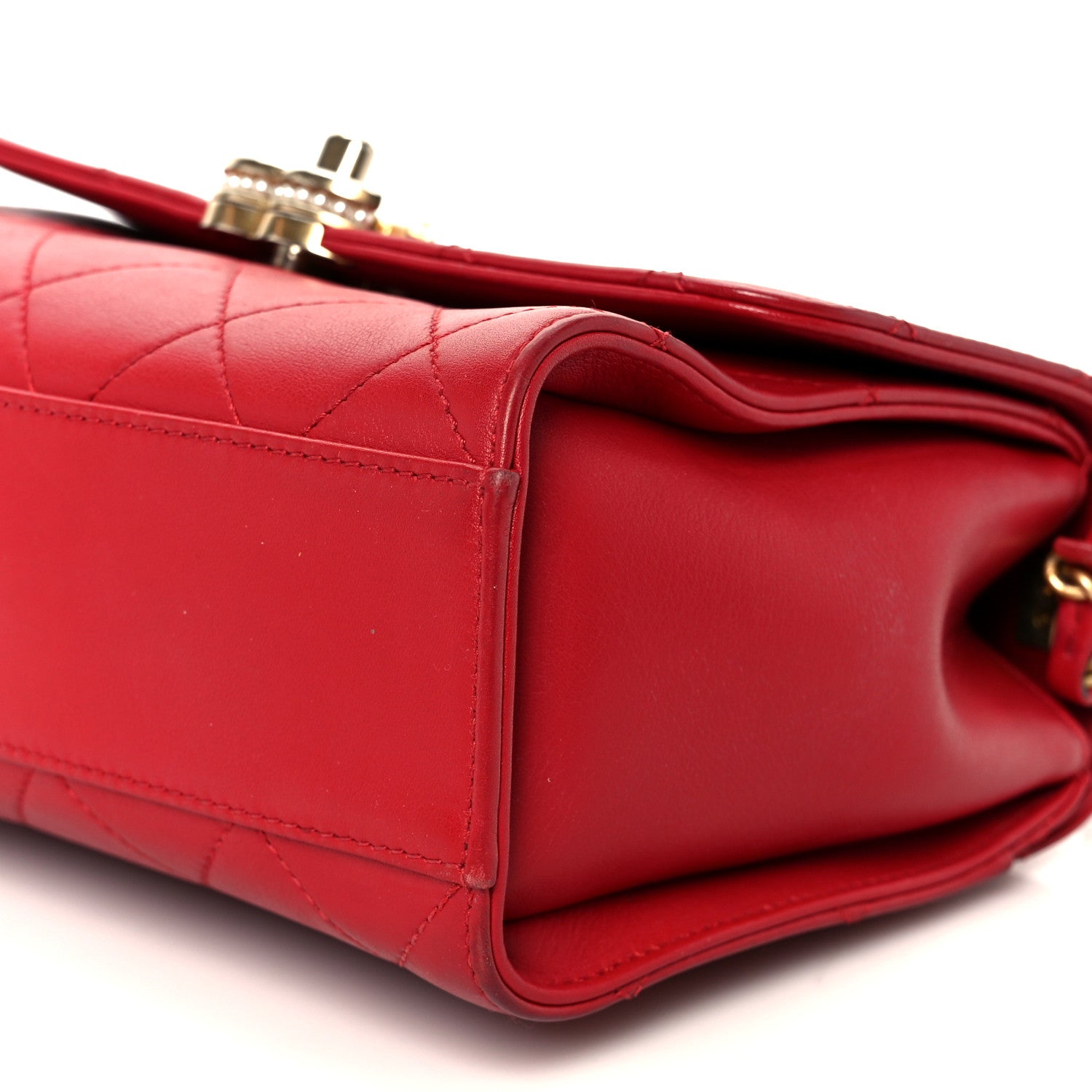 Chanel Lambskin Stitched Pearl Logo Top Handle Flap Red 11 of 11