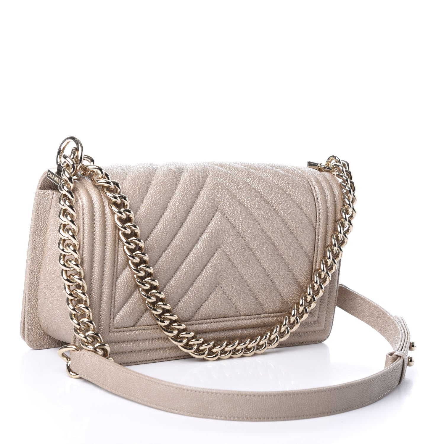 Chanel Metallic Caviar Chevron Quilted Medium Boy Flap Light Beige 3 of 9