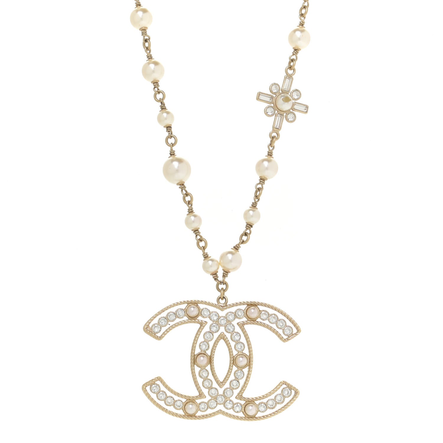 Chanel Crystal Baguette Pearl CC Cross Pendant Necklace Gold 1 of 6