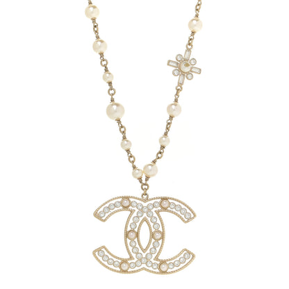 Chanel Crystal Baguette Pearl CC Cross Pendant Necklace Gold 1 of 6