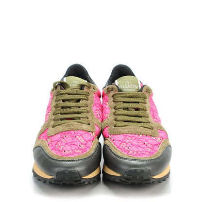 Valentino Garavani Macrame Lace Suede Womens Rockrunner Sneakers 37 Fuchsia Yellow 2 of 8
